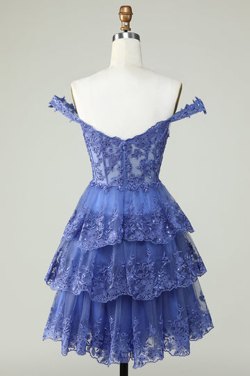 Cute A Line Dark Blue Corset Tiered Short Graduation Dress with Lace